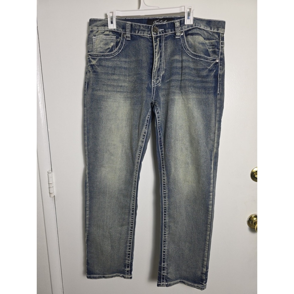 True Luck Straight Blue Denim Jeans Y2K Grunge  Button Embroidered Pockets 36x30
